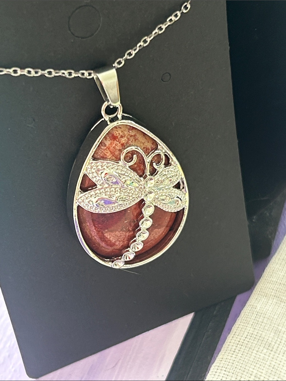 Silver Tone Dragonfly & Red Jasper Stone Pendant 1”x 1.5” Stone of Endurance NWT